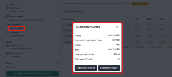 Soundtrace application showing an audiometer's calibration date, calibration record, and calibration report