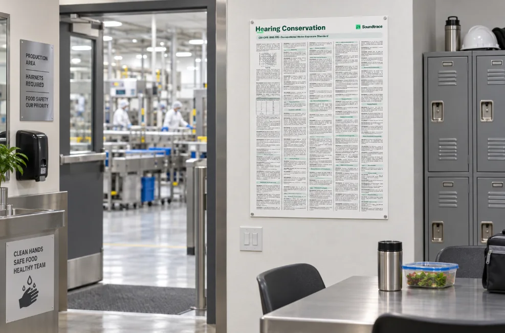 Soundtrace hearing conservation poster mounted near the entrance to a food-production facility