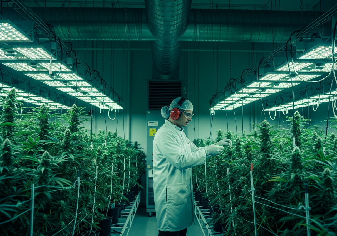 Worker in lab coat and hearing protection inspecting plants in a commercial cannabis cultivation facility